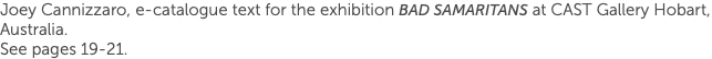 Joey Cannizzaro, e-catalogue text for the exhibition Bad Samaritans at CAST Gallery Hobart, Australia.  See pages 19-21. 